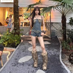 y2k辣妹复古做旧牛仔连体短裤夏季设计感小众设计有弹力吊带连体