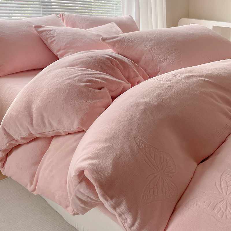 Flores de leche de color sólido en la cama de cuatro piezas en invierno cálido y grueso sábanas cubiertas 2025 nueva ropa de cama al por mayor