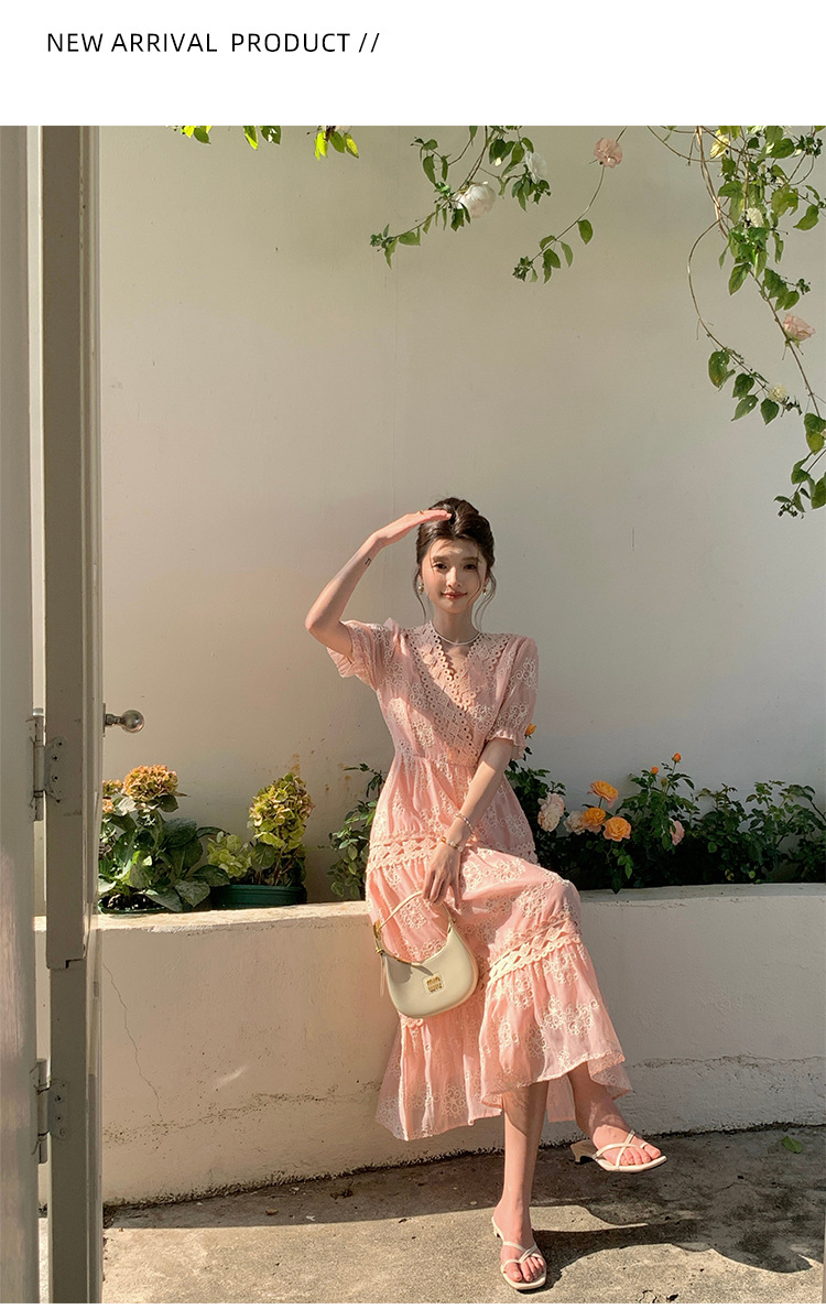 Đầm maxi nữ tay bồng ren hoa V cut-out phong cách Pháp cung đình — xanh lam, màu hồng, màu mơ chi tiết 36