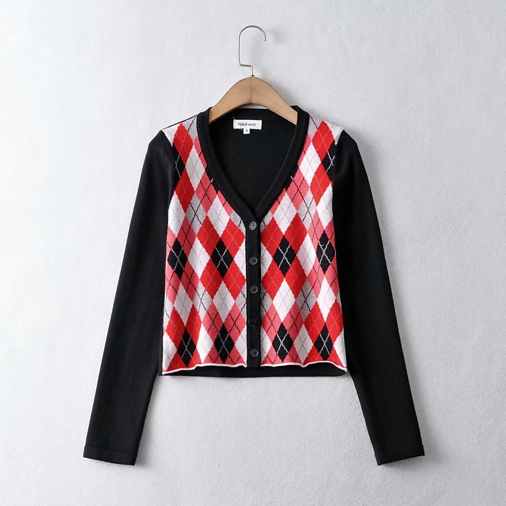 fashion V-neck diamond lattice single-breasted slim long-sleeved knitted cardigan sweater NSHS33454