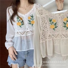 法式刺绣雪纺衫女设计感小众春款新款时尚泡泡长袖上衣衬衣