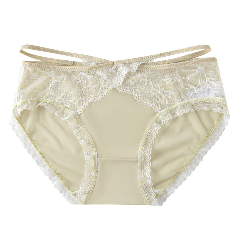 Ropa interior de malla de encaje puro francés mujer sexy banda hueca ligera de lujo doble piel agradable para la piel chica de cintura media entrepierna antibacteriana