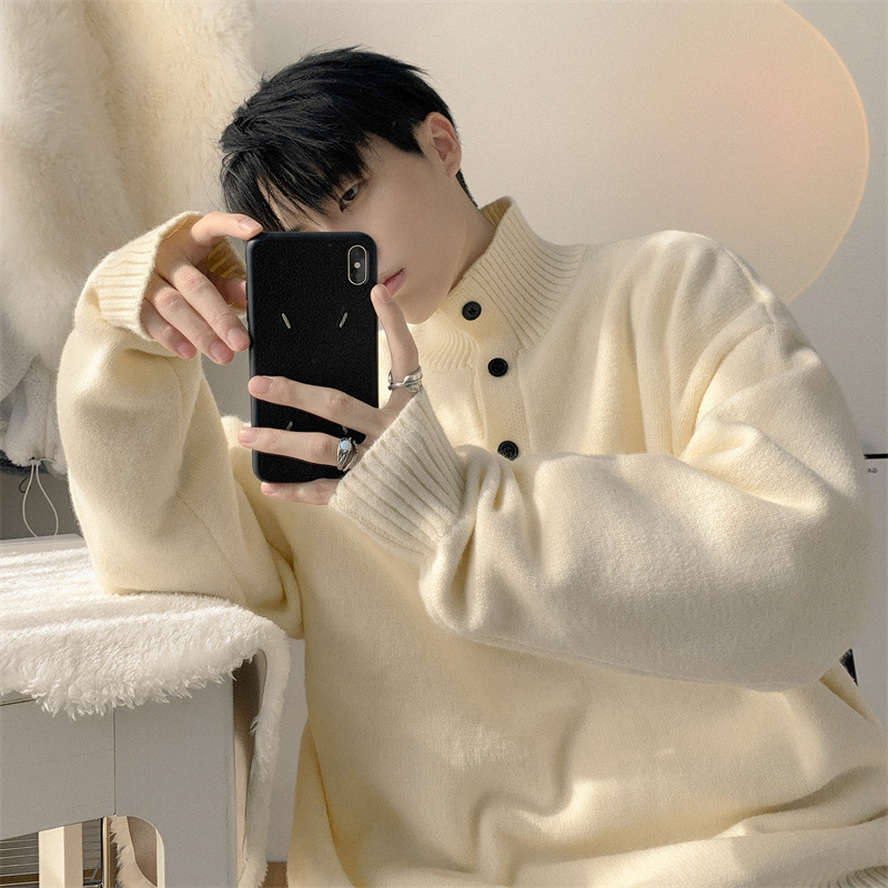 High Street Oversize Turtleneck Knitwear Men's Lazy High-End Polo Collar Trendy Brand Loose-Breasted Knitwear Jacket