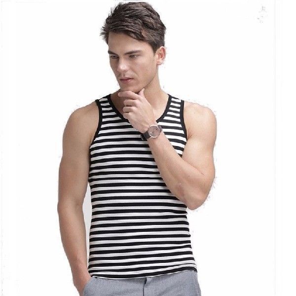 New Summer Versatile Men's Sports Work Vest Pure Striped Tight Slim Soft Sports Vest