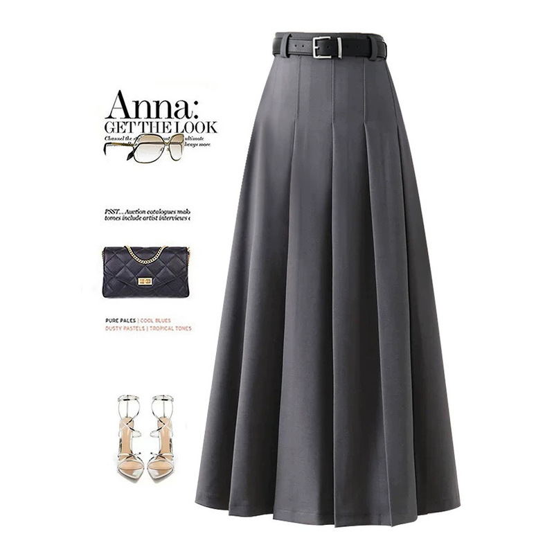 Korean-style pleated skirt for women, autumn and winter, high-waisted, slimming, with belt, elegant and fashionable mid-length skirt Korean-style pleated skirt for women, autumn and winter, high-waisted, slimming, with belt, elegant and fashionable mid-length skirt