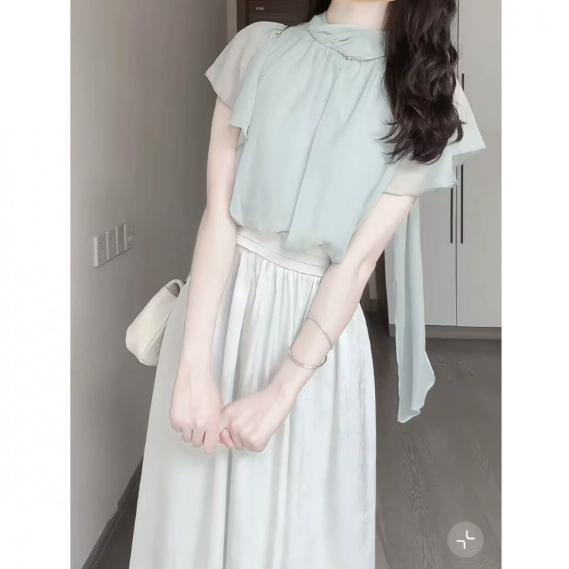 Летний повседневный топ с короткими рукавами в китайском стиле, модный топ с высокой талией, юбка, костюм из двух предметов для женщин