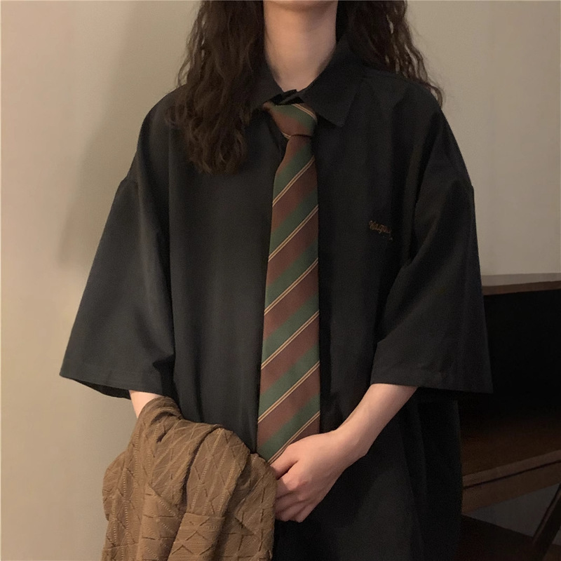 Japanese Retro Shirt with Tie, College Style Summer Short-Sleeved Shirt for Men and Women, Loose Inner Layering Casual Top