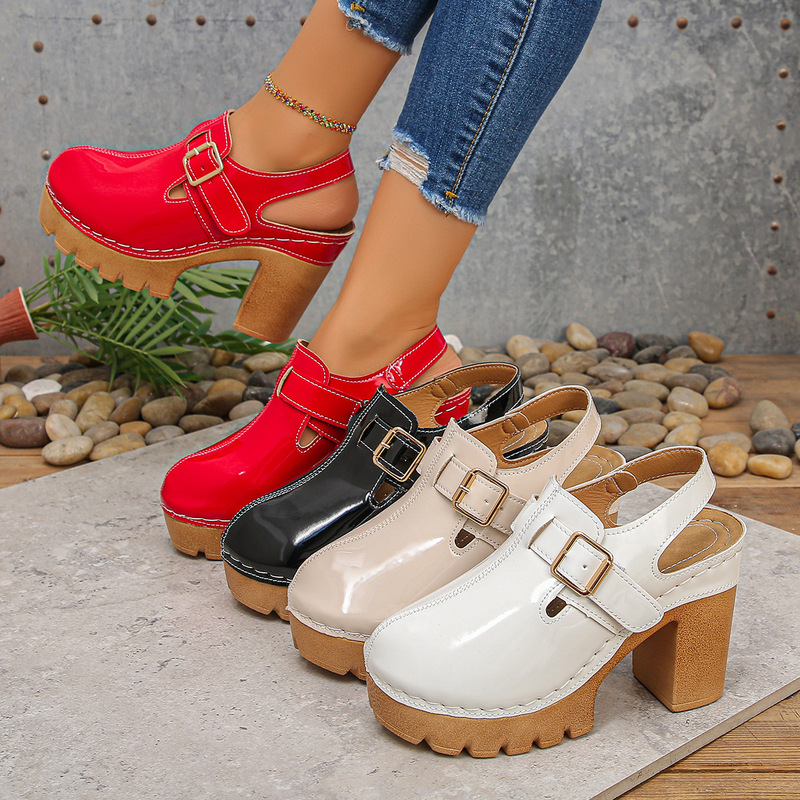 Foreign Trade Large Size Summer New Cross-Border Women's Fashion Belt Buckle Thick High Heel Toe Casual Sandals Wholesale Ready Stock