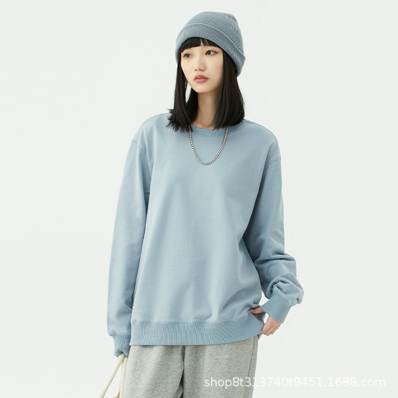 Chaqueta de manga larga con cuello redondo de rizo para otoño e invierno, de algodón puro, sin formación de bolitas, con hombros caídos, camisa publicitaria, ropa de trabajo, sudadera con impresión de logotipo personalizado.