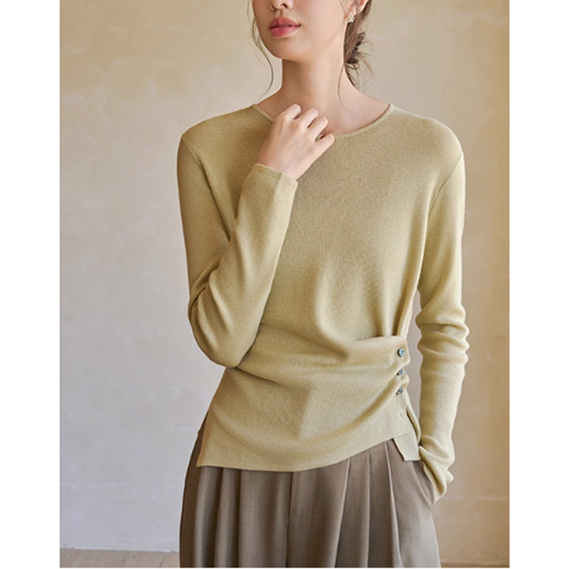 2025 Autum Wear Worsted Wool Round Neck Asymmetrical Pleated Design Hem Long-Sleeved Bottoming Knitwear for Women