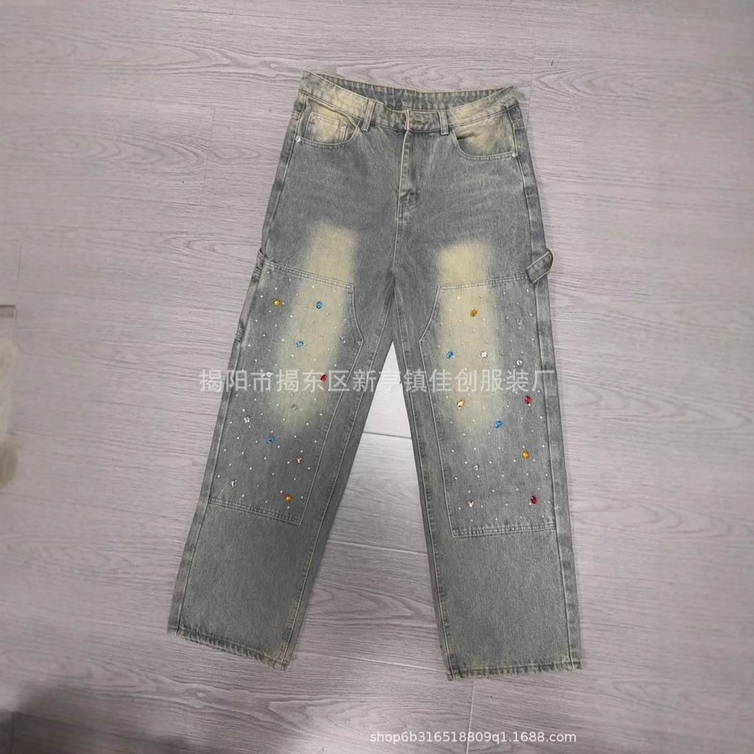 2025 Летние новые американские джинсы с эффектом потертости, универсальные повседневные прямые брюки в стиле high street, прямые поставки из Европы и Америки