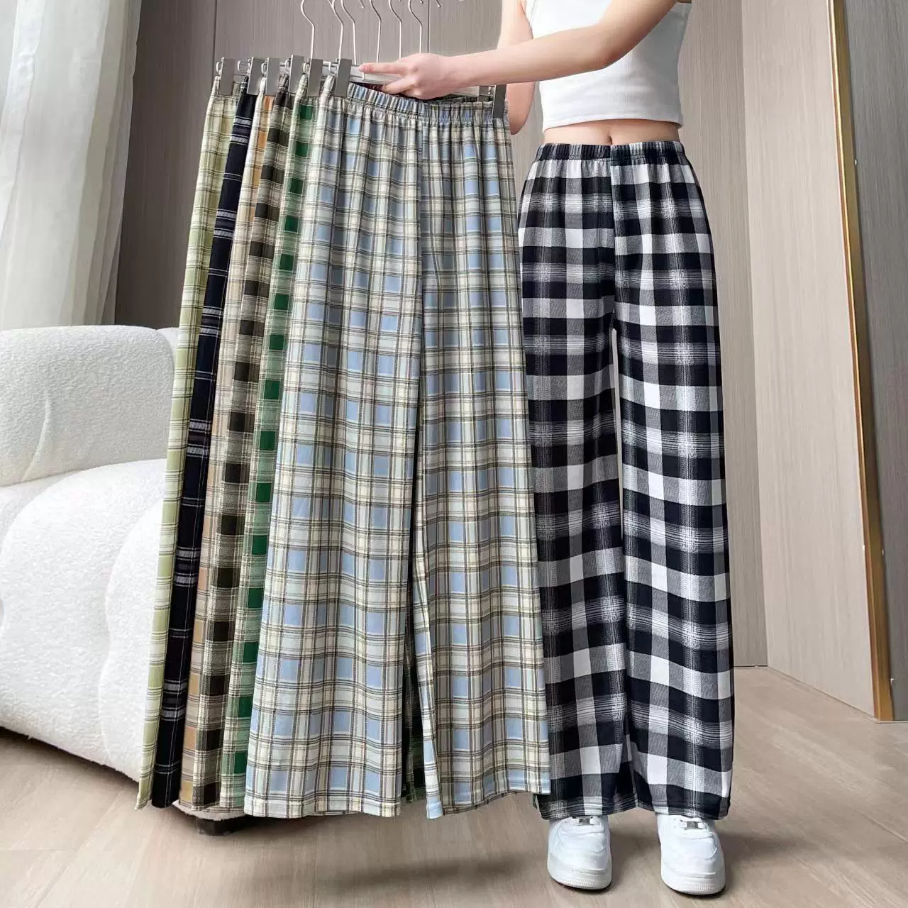 格子阔腿裤春夏薄款女学生大码百搭垂感高腰修身显瘦宽松直筒女裤