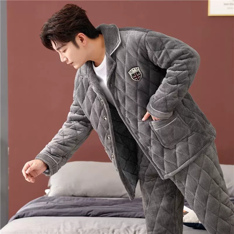 睡衣男士冬季三层加厚珊瑚绒夹棉保暖加绒牛奶绒家居服套装秋冬款