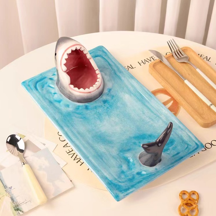 Plato de tiburón de boca grande, plato especial de tiburón de salmón, plato cerámico con plato de bocadillos multifuncional, plato de bocadillos de sushi, plato de comida diaria para comedor