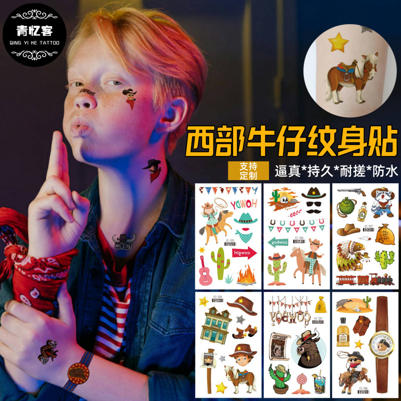 Cross-Border Supply Wholesale Western Cowboy Temporary Tattoo Stickers Kidsren's Cartoon Horse Toy Stickers Party Performance