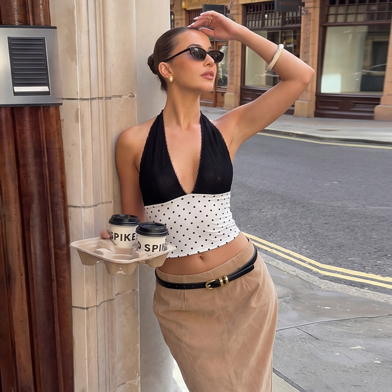 French Style Women's Color Blocked Halter Neck V Neck Vest Summer Fashionable Polka Dot Tie up Top Hot Girl_ecoleips.com