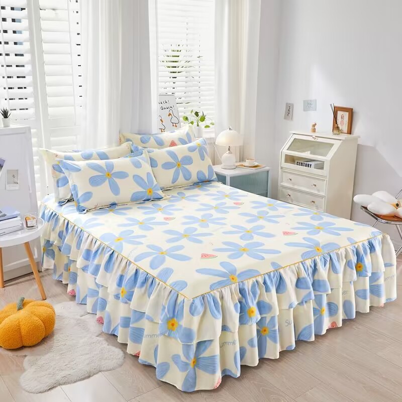 Falda de cama coreana Falda de cama de algodón de imitación agradable para la piel Funda de cama individual para dos piezas de tres piezas Funda de cama de encaje de doble capa de tres piezas image 12