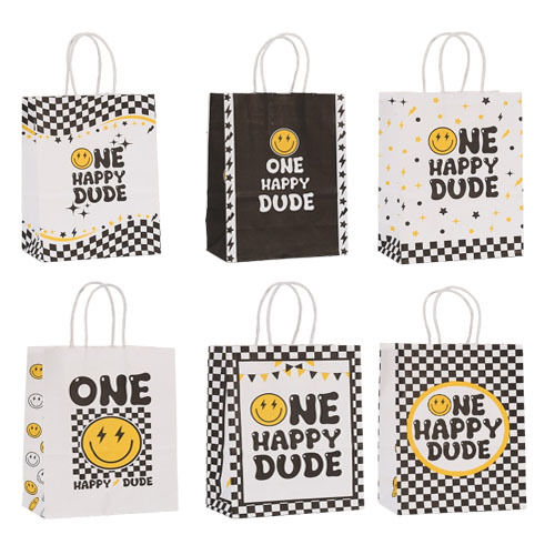 黑白格子小礼品袋笑脸印花手提袋儿童生日伴手礼袋派对糖果牛皮纸