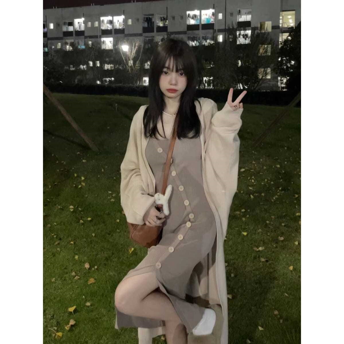 Autumn/Winter Korean Style Gentle and Alluring Knitted Mid-Length Cardigan Jacket and Sexy Suspender Bodycon Skirt Two-Piece Set