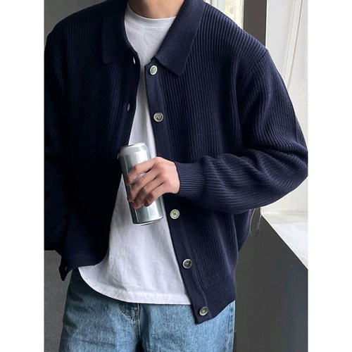 Early Autumn Dark Green Collared Knit Cardigan Open Front Jacket Men's Sweater Korean Style Men's Fashion Casual Korean Dongdaemun