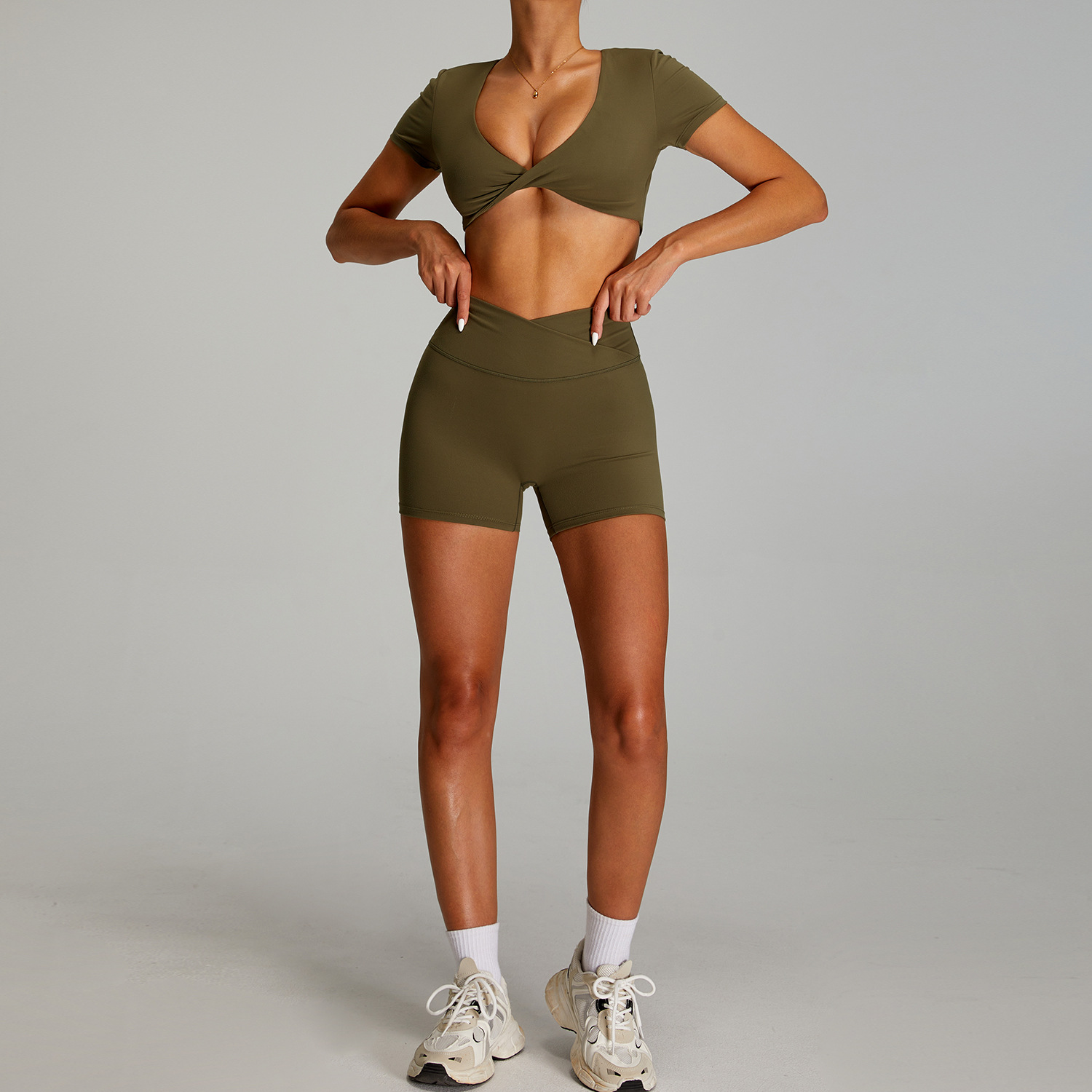 Traje de ropa de yoga desnuda de cintura alta cruzada transfronteriza, ropa de fitness ajustada de secado rápido para mujer, traje de carrera para deportes al aire libre