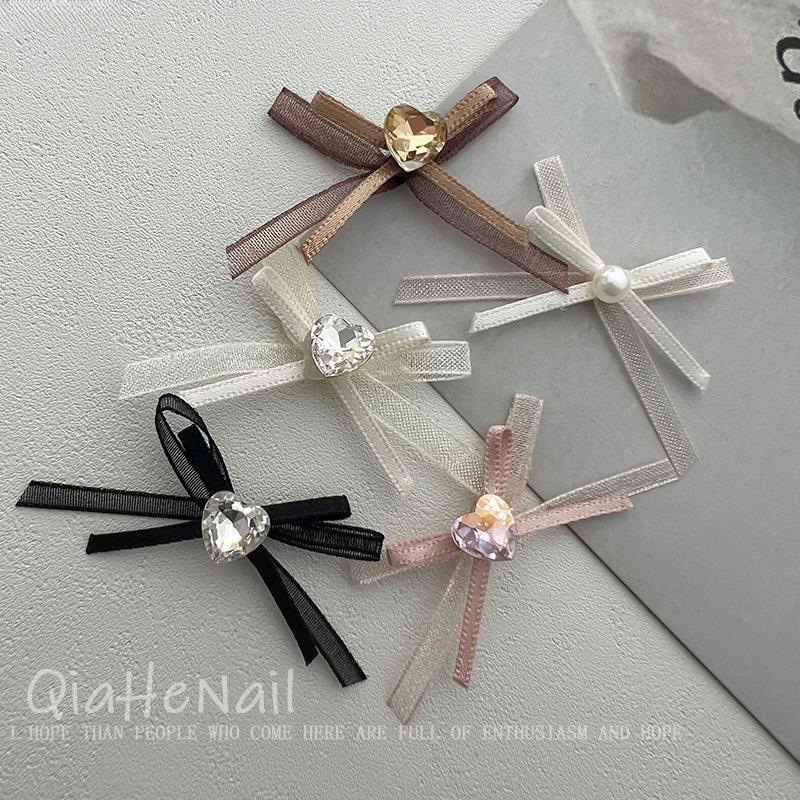 蕾丝欧根纱双层飘带蝴蝶结手工堆钻布艺网纱爱心蝴蝶结美甲饰品钻|undefined