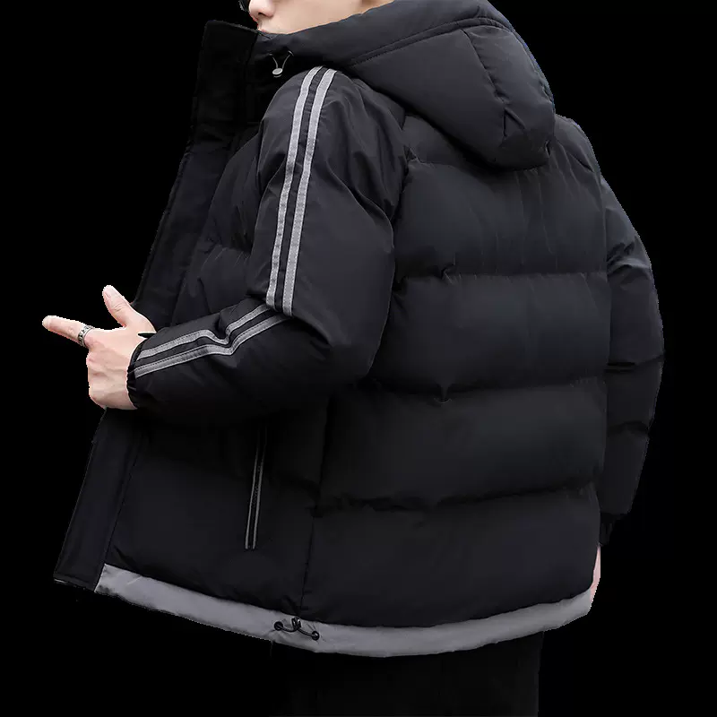 2025冬季男士两条杠棉服立领连帽外套防风保暖加厚简约新款棉衣潮