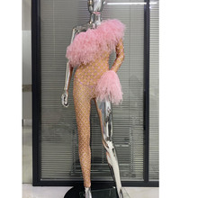 跨境网纱性感水钻单肩连体裤女歌手夜店热舞表演舞台服装