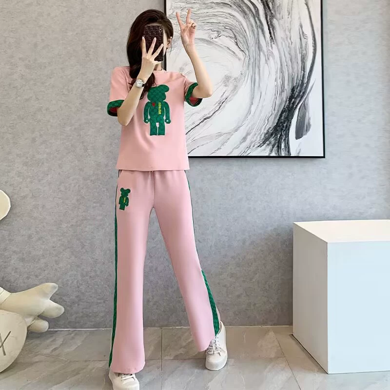 Летний спортивный костюм женский мода 2025 новый медведь круглый вырез короткий рукав повседневные широкие брюки двухкомпонентный комплект тренд # 770