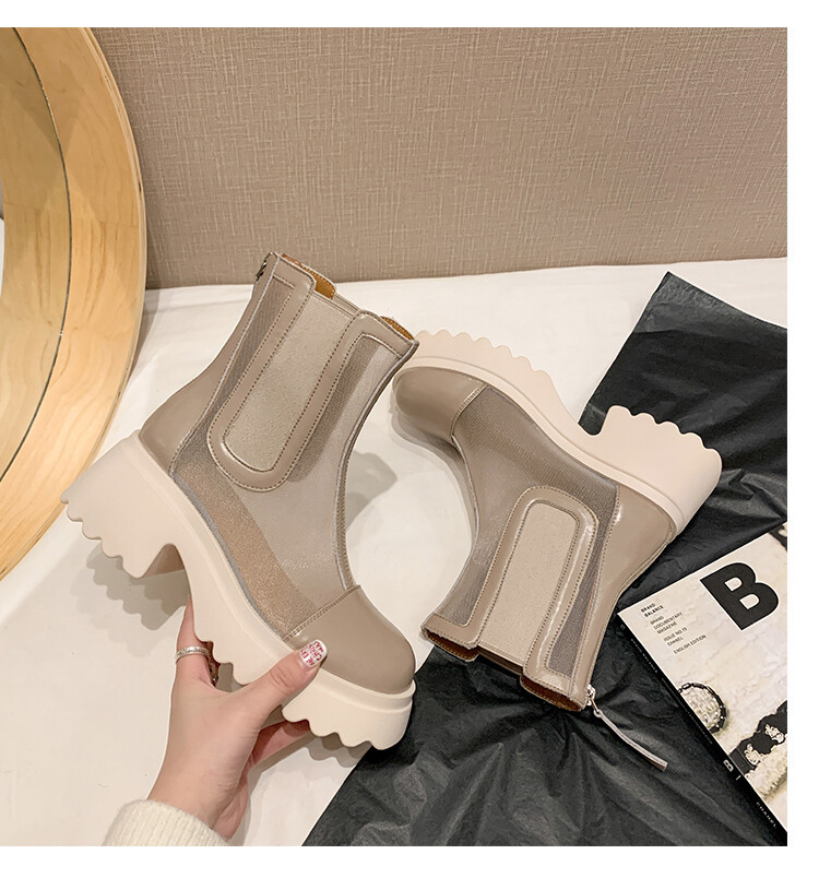 Boot ngắn nữ da bò mũi tròn đế dày thoáng khí khóa kéo sau — Màu đen, Màu mơ chi tiết 72