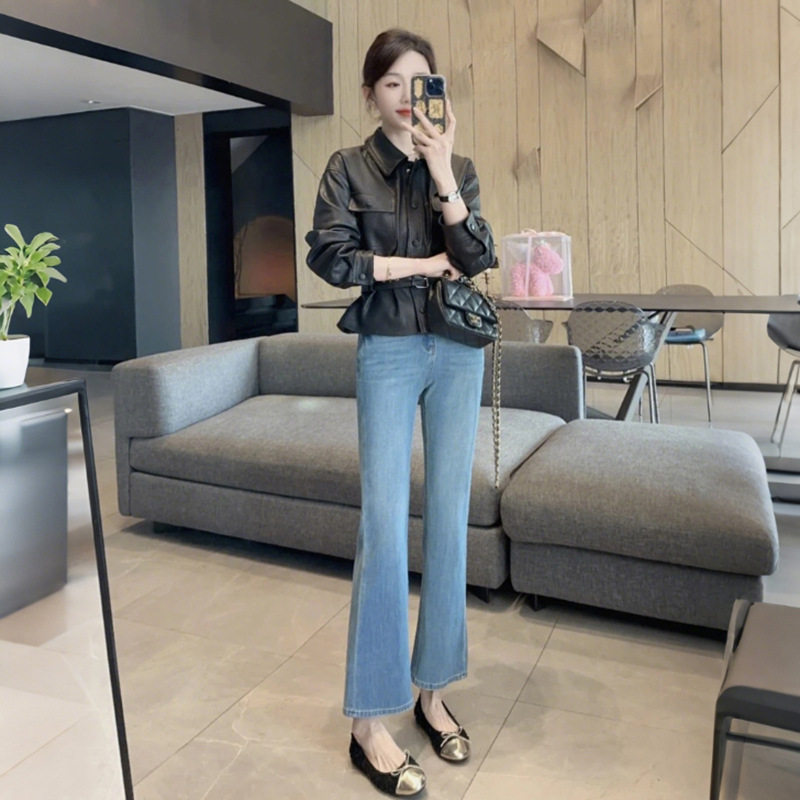 Áo khoác da nữ dáng ôm thắt eo cổ bẻ tay dài — đen chi tiết 12