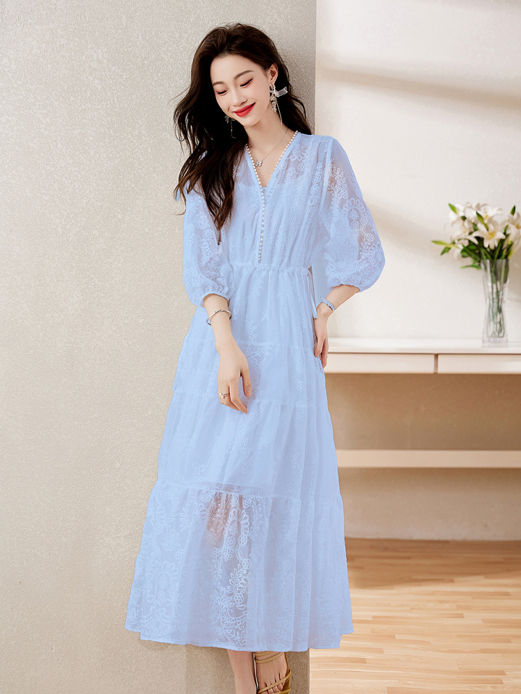 Đầm maxi nữ cổ V thắt eo dáng dài thanh lịch NY1608 — xanh lam, màu tím, màu vàng