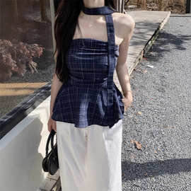 格子抹胸背心2025夏季新款美式辣妹外穿美背修身显瘦别致小衫女潮