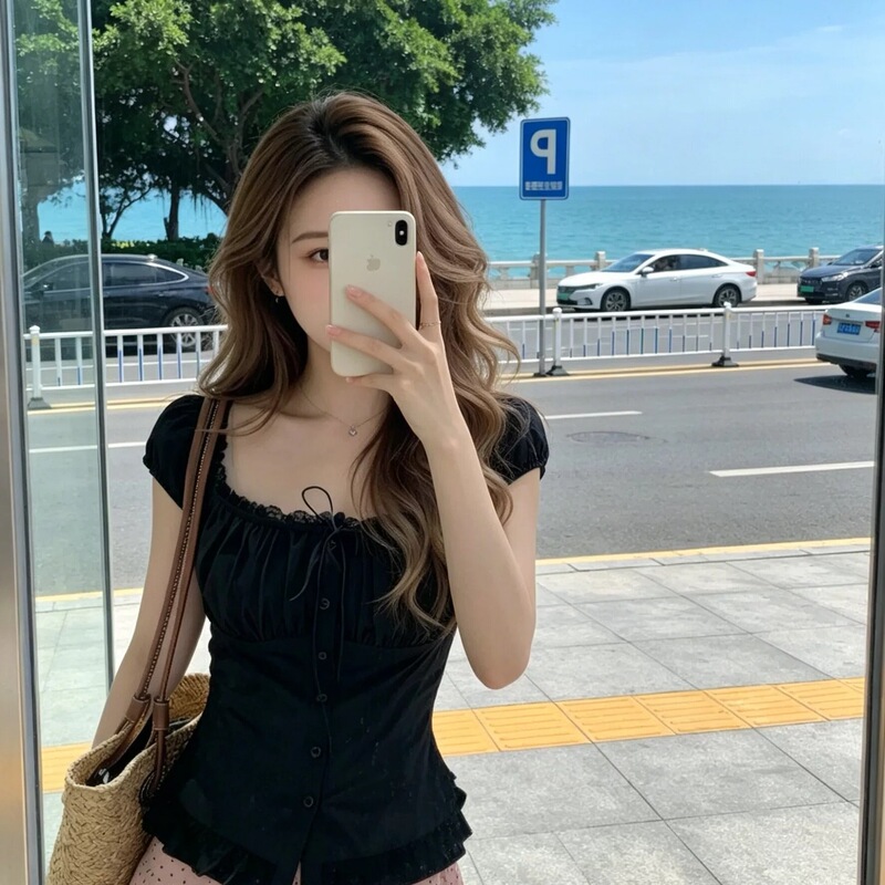 Short-Sleeved Sweet and Spicy Style Pure Desire Off-Shoulder Tie-Up T-Shirt with Lace Trim Waist-Cinching Slimming Shirt for Summer