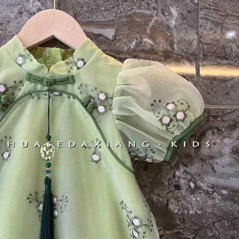 Vestido de verano de niñas bebé estilo extranjero personalidad de moda de niños estilo chino bordado vestido antiguo de malla princesa falda cheongsam