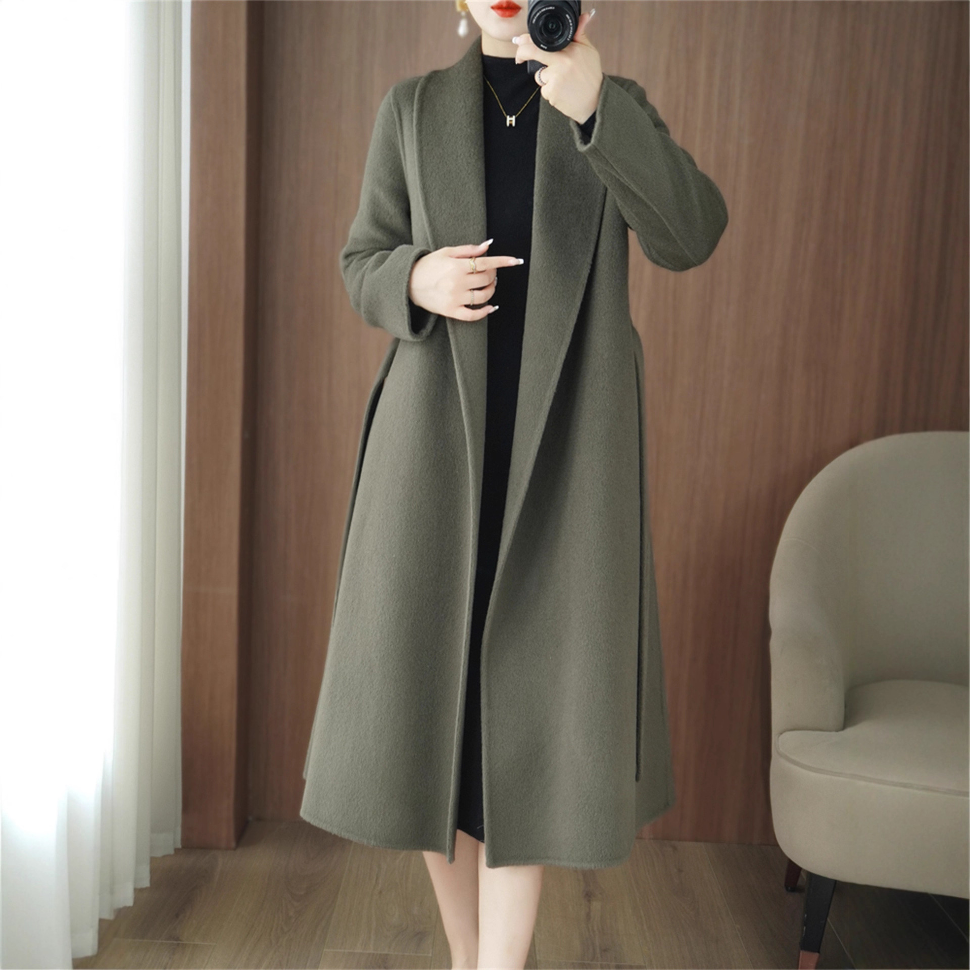 High-End Autumn and Winter New Double-Sided Woolen Outwear Women's Mid-Length Casual Woolen Outwear Green Fruit Collar Woolen Outwear