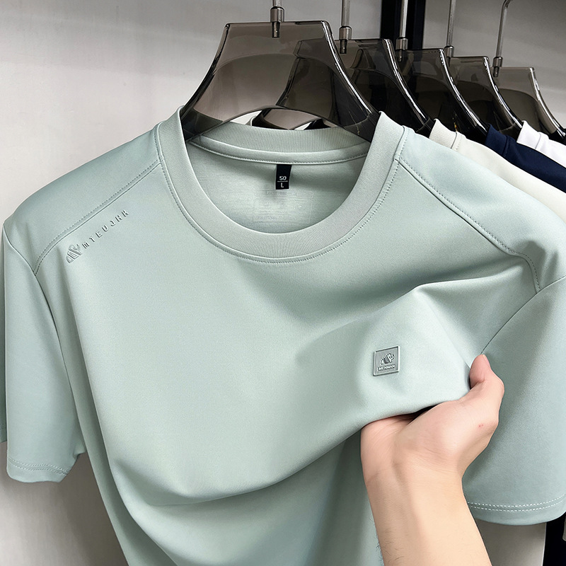 2026 New Style Ice Silk Breathable Short-Sleeved Men's Round Neck Summer Quick-Drying Casual Solid Color Comfortable Breathable Men's T-Shirt
