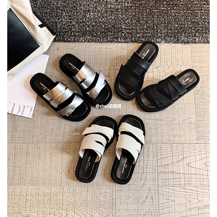 [Sheii Su Yinyin] Arrastre alrededor ~ Pantuflas de ocio de vacaciones de playa de suela gruesa de cabeza cuadrada, sandalias de mujer, verano