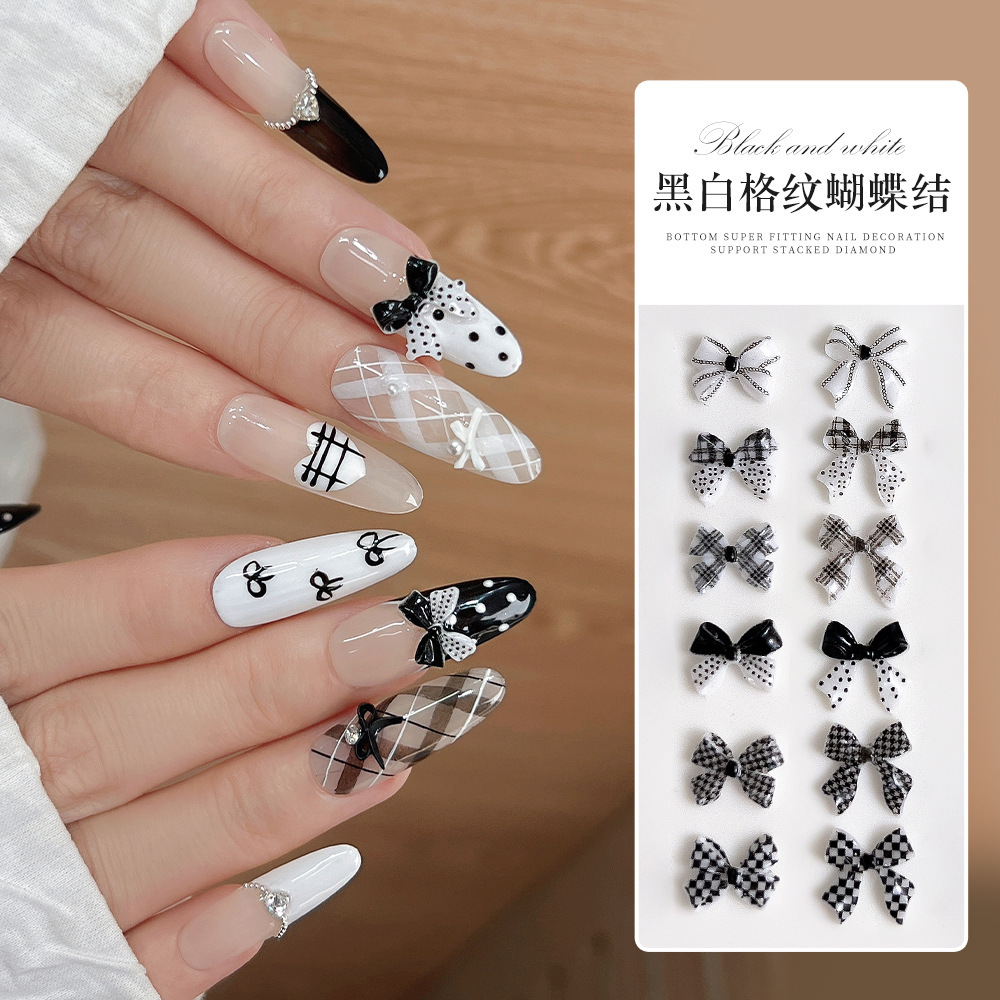 폴카 도트 보우 네일 아트 액세서리 흑백 체커보드 리본 보우 체크 무늬 나비 넥타이 웨어러블 네일 액세서리