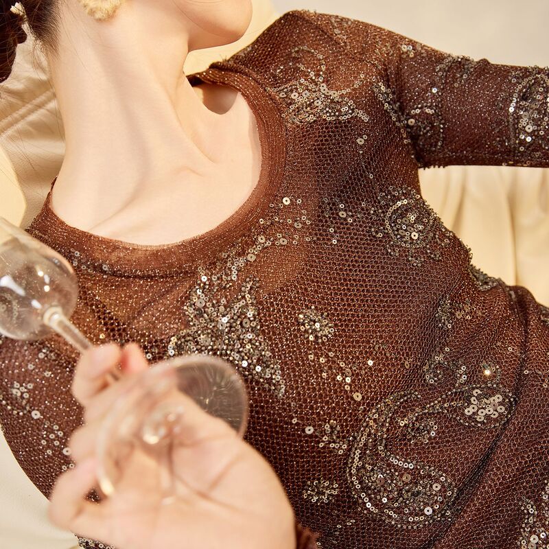 New Chinese-style high-end mesh heavy-beaded sequin slim-fit shirt with vintage charm, long-sleeved top P8023 New Chinese-style high-end mesh heavy-beaded sequin slim-fit shirt with vintage charm, long-sleeved top P8023