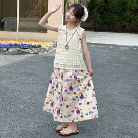 女童夏季马甲套装2025新款时尚女孩镂空毛衣吊带花裙度假风三件套