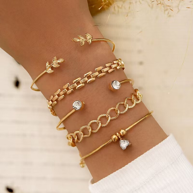 European and American New Style Multi-Layered Stacked Bracelets for Women, Retro Chain Leaf Rhinestone Combination Bracelet Jewelry Set Wholesale European and American New Style Multi-Layered Stacked Bracelets for Women, Retro Chain Leaf Rhinestone Combination Bracelet Jewelry Set Wholesale