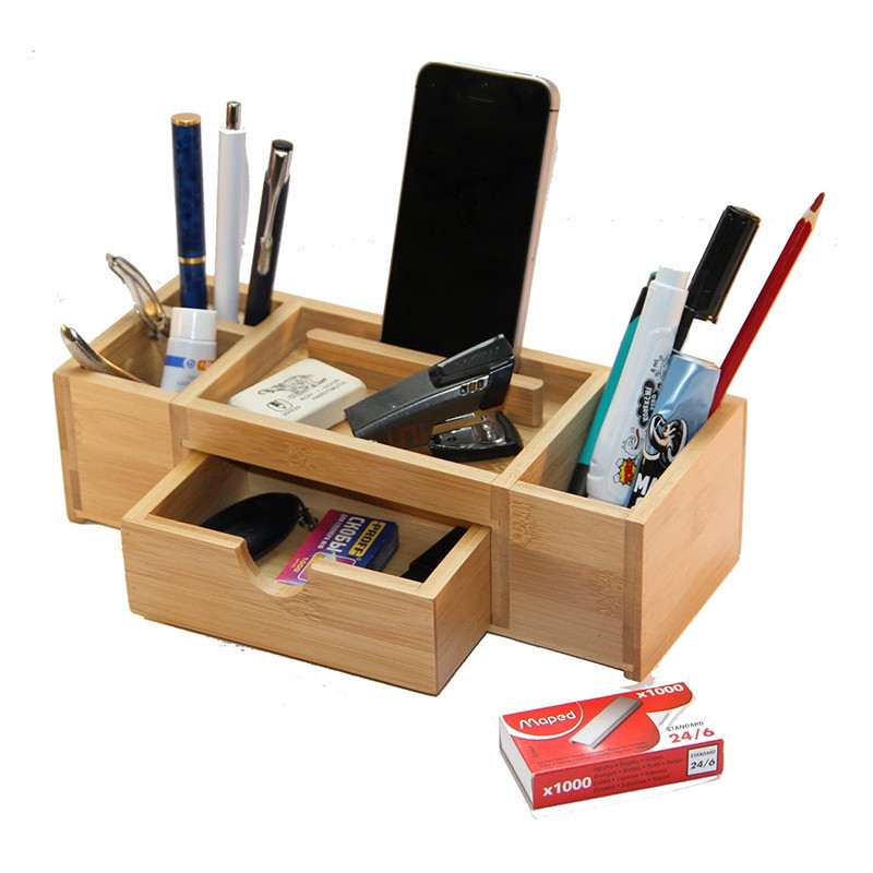 Caoxian transfrontalier bambou bureau organisateur avec tiroir en bois boîte de rangement bureau ustensiles de bureau boîte de rangement