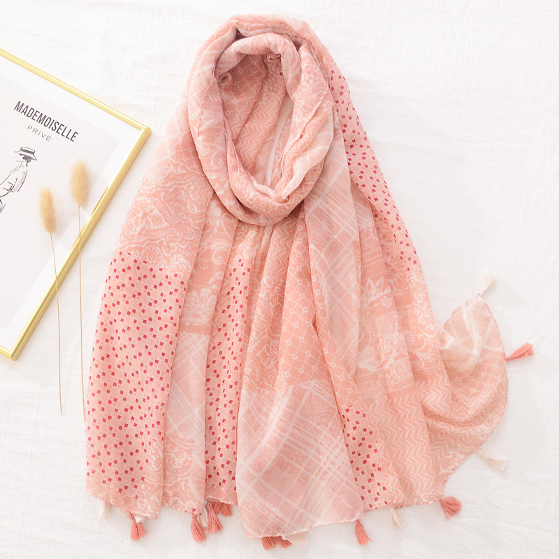 Estilo coreano japonés suave rosa geométrico floral bufanda de seda de algodón y lino sensación artística fresca bufanda de viaje Toalla de playa