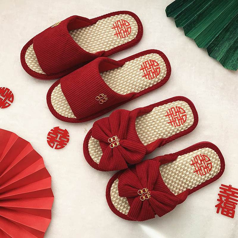 婚慶紅拖鞋蝴蝶結一對新款春夏新郎新娘陪嫁喜慶情侶居家結婚拖鞋