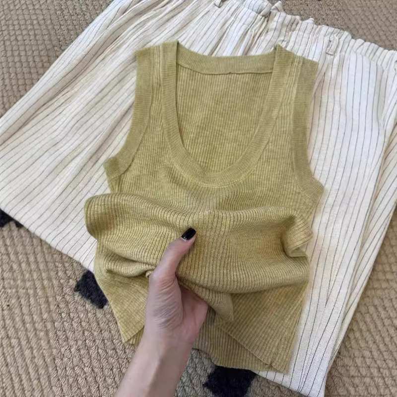 Ice Silk Thin U-Neck Knitted Vest for Women, Summer 2026 New Style, Bright Yellow, Flattering and Stylish, Outerwear Camisole Top