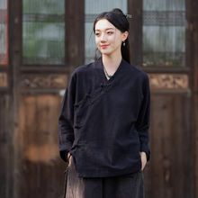 新中式上衣女秋季棉麻中式盘扣斜襟长袖衬衫禅修居士服茶服开禅修