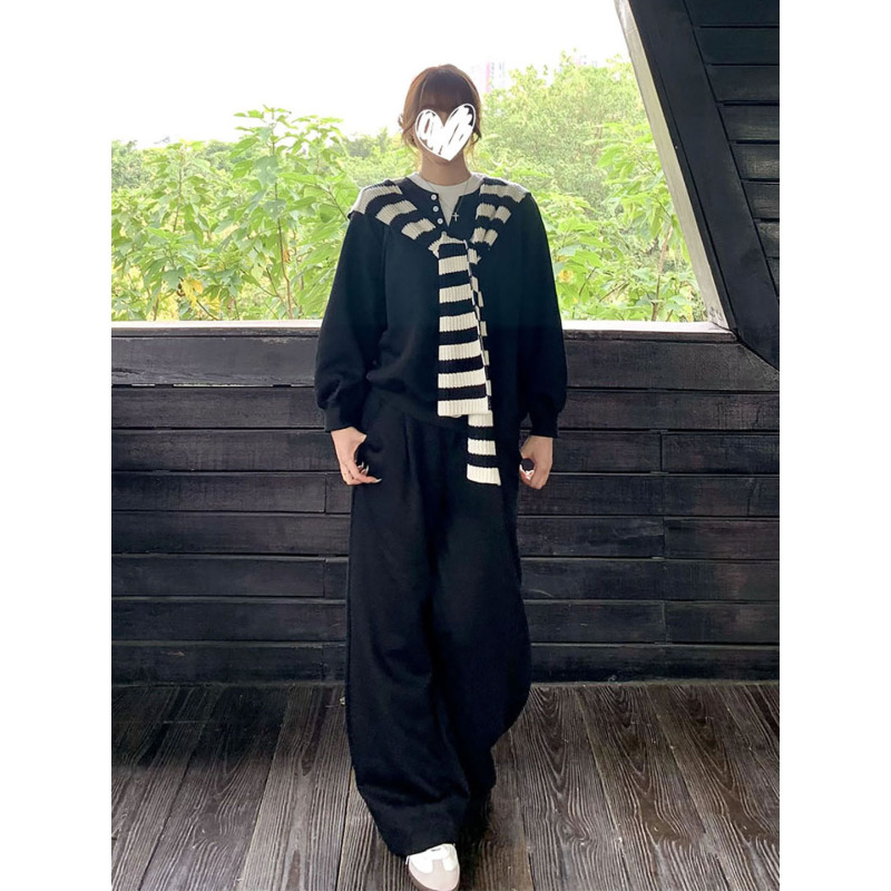 2025韩版学院风条纹披肩黑色运动卫衣休闲裤长裤三件套女早秋穿搭|undefined