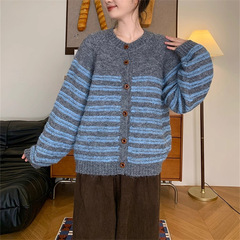 复古条纹针织开衫女秋冬新款韩版学院风宽松百搭显瘦软糯毛衣外套