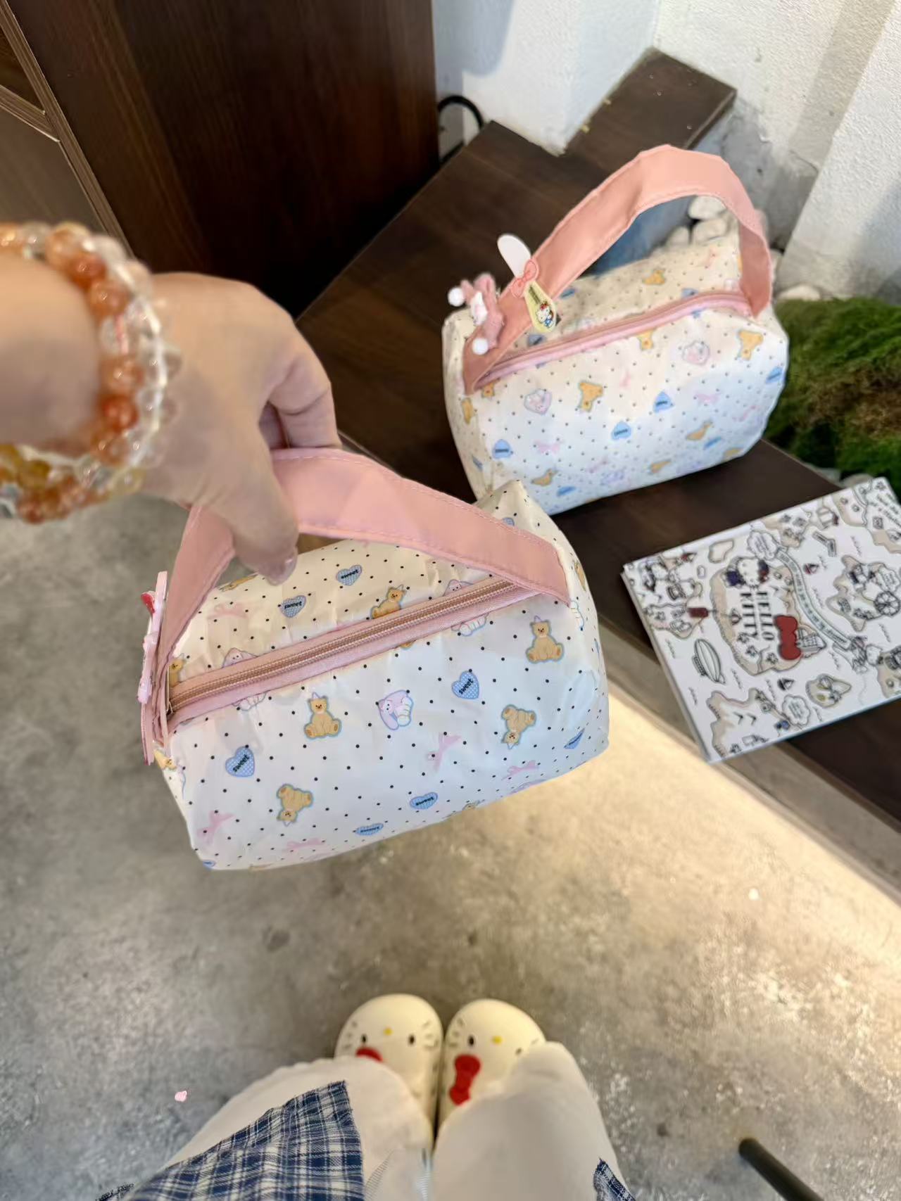 Pink polka dot bear cosmetic bag [upgraded portable] waterproof / 20*13*13cm